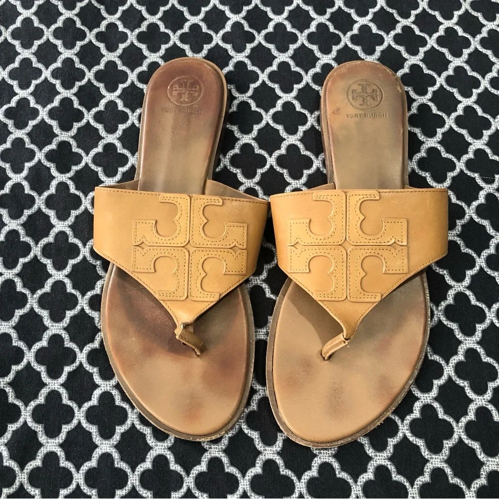 Tory Burch Womens Jamie Brown Tan 10.5 Calf Leather Full Logo Thong Brown 48275